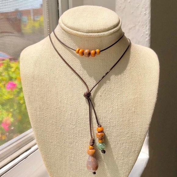 Handmade Jewelry - Moss x Indian Agate Teardrop Beaded (Dark Brown) Earthy Boho Wrap Choker
